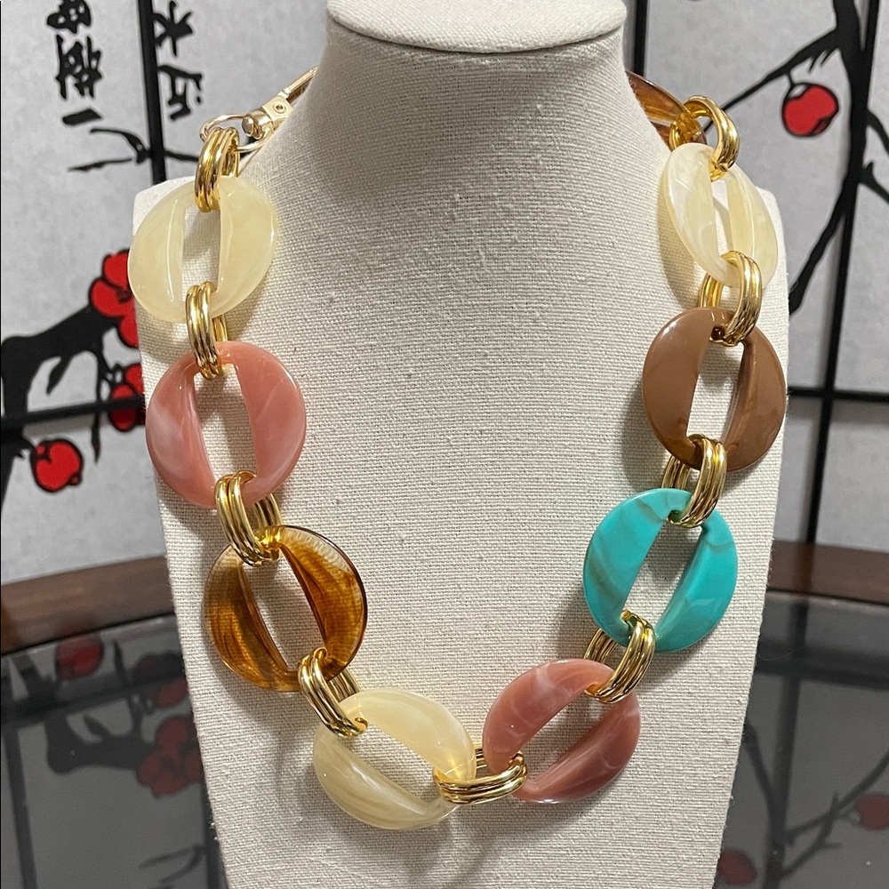 Multicolor Resin & Gold-Link Statement Necklace